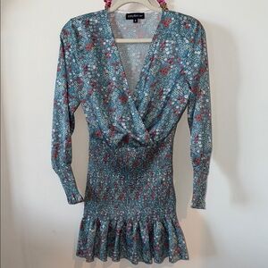 BILLY BAZAAR Teal Floral Wrap-Front Smocked Waist Dress